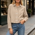 thumbnail image 2 of KICILVS Cropped Button Down Shirts for Women Collared Long Sleeve Plain Blouse Casual Trendy Tops Cute Fall Outfits Women Beige, S, 2 of 6