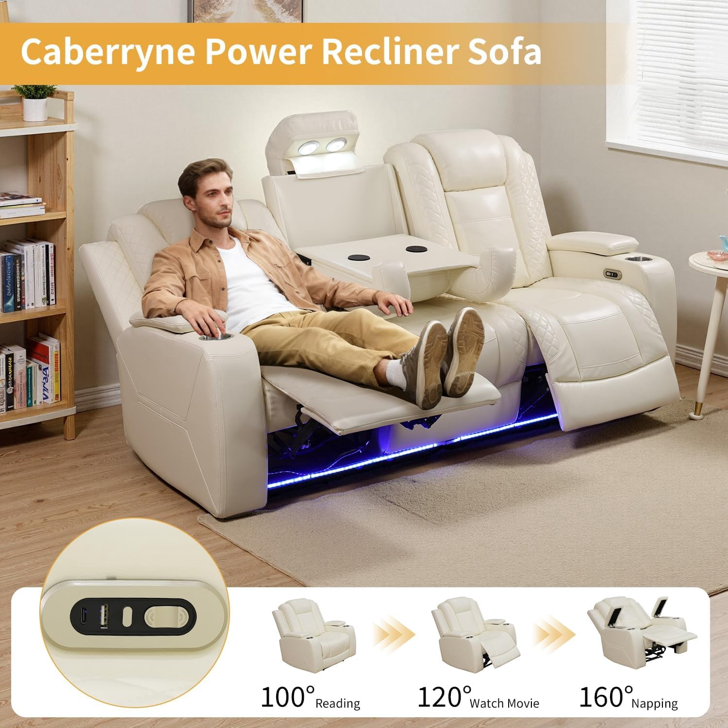 Gewnee 3-Seat Power Adjustable Sofa with 1 Recliner, Console, Cup Holders & LED Lights, Air Leather, Adjustable Recline, for Living Room,Beige