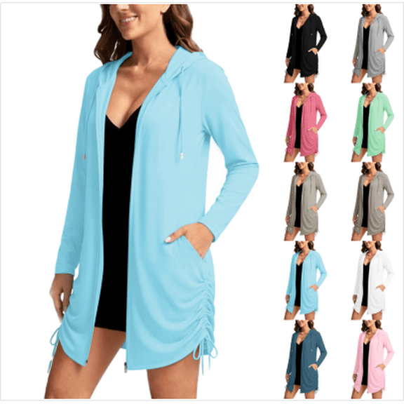 VBVC Women's UPF 50 Full Zip Sun Protection Hoodie,Drawstring Beach Cover Up For Women,Ladies' Quick Dry Long Sleeve Swim Tunic with Pockets,Black,S-3XL
