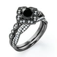 thumbnail image 4 of JeenMata Art-Deco Milgrain Floral Cluster 1.5 Carat Round Shape Lab Created Black Diamond and Moissanite Crossover Pave Bridal Ring Set in 18K Black Gold Plating over Silver, 4 of 7