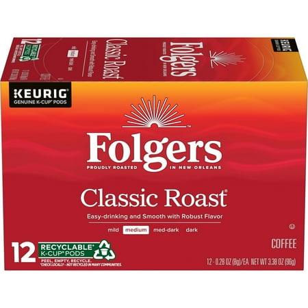 Folgers Classic Roast, Medium Roast Coffee, Keurig K Cup, 12 Count Box
