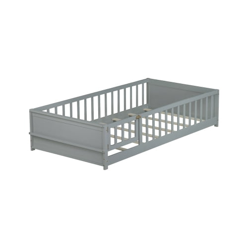 Bellemave Twin Size Floor Bed with Fence and Door, Montessori Floor Twin Bed with Built-in Book Rack, Solid Wood Twin Bed with Slats and Safety Guardrails, Grey