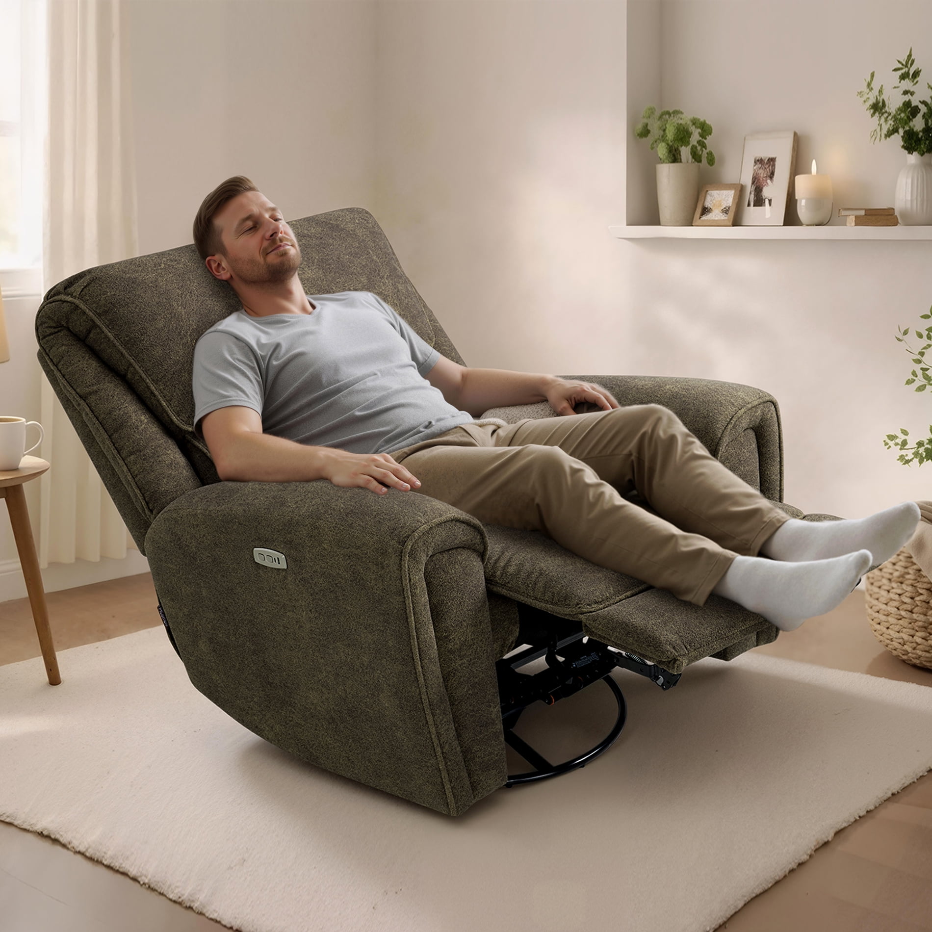 MCombo 400lbs Oversized Swivel Rocker Power Recliner Chair for Big and Tall People, Fabric, Brown