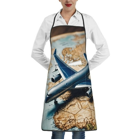 

Qekee Airplane World Map Adventure Print Adjustable Bib Apron Resistant with Pocket Cooking Kitchen Aprons for Women Men Server Chef Apron