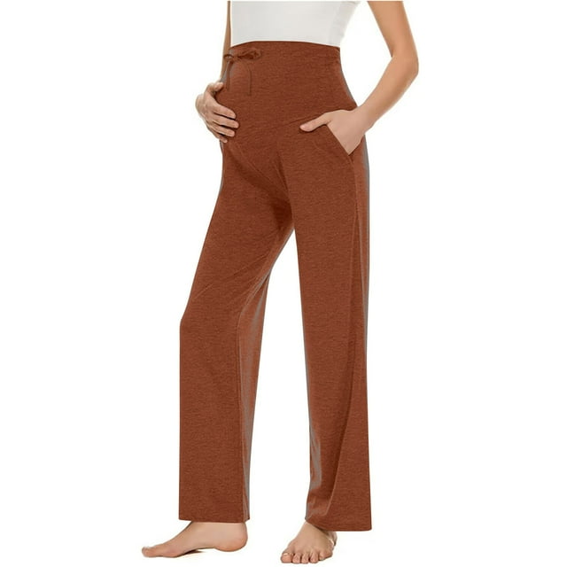 Diufon Maternity Yoga Pants High Waist Over The Belly Drawstring Soft Pants Solid Color Straight Leg Loose Pants