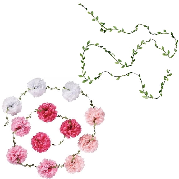 Jiibva 2Pcs Paper Flower Garland Lightweight Simulation Pom Leaf Flower Banner Hanging Party Decorations For Birthday Wedding Engagement Decor