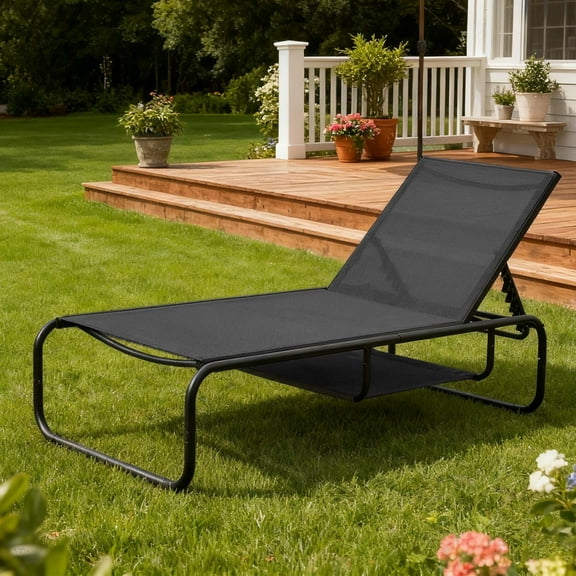 Ainfox Patio Chaise Lounge Chair with Hidden Storage, Outdoor Pool Lounge Recliner with 5 Adjustable Positions, Breathable Textilene Fabric, Metal Frame for Backyard, Poolside, Beach, Black