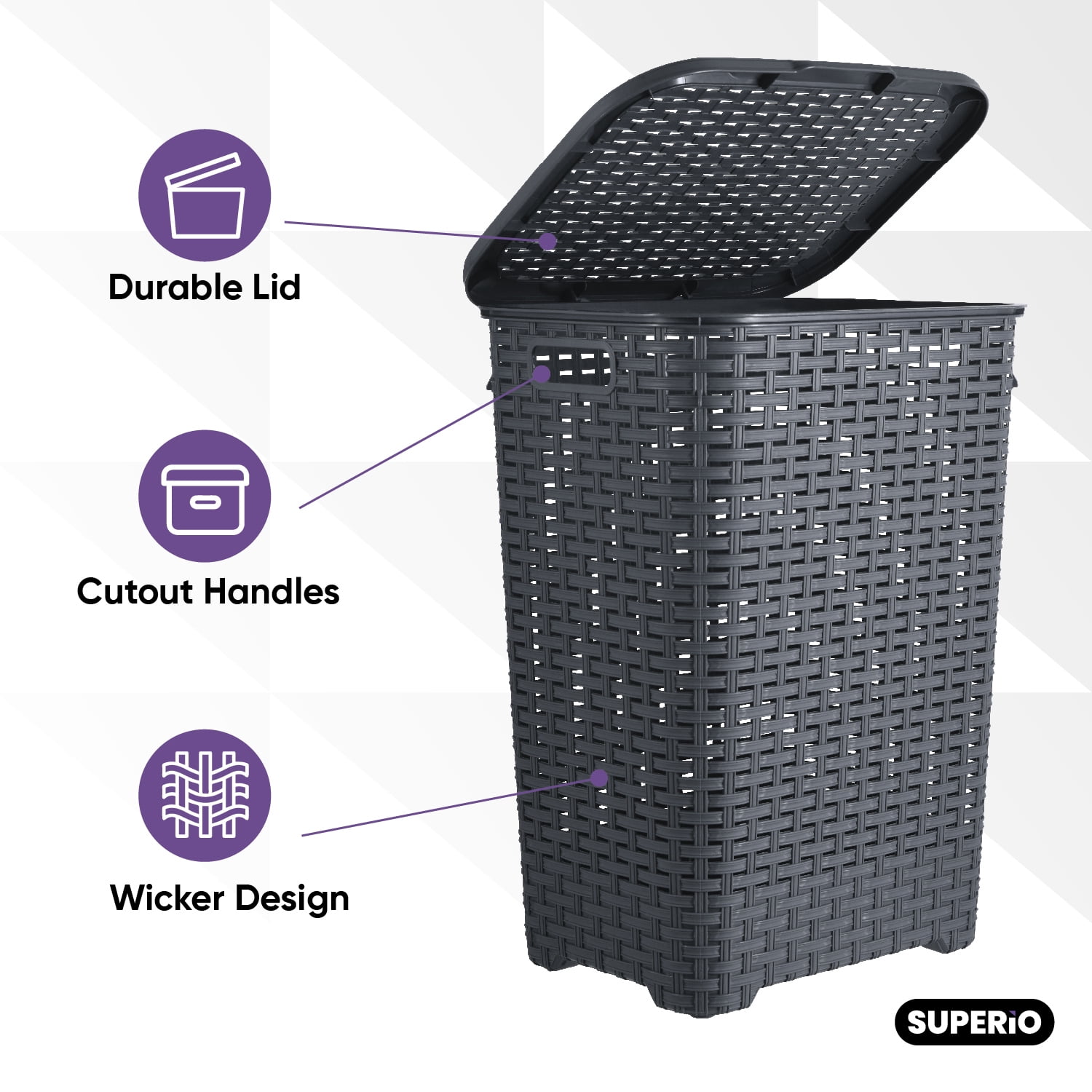 Laundry Basket, Laundry Hamper with Lid, Large 60-liter Wicker Style Hamper with Cutout Handle, to Storage Dirty Clothes in Washroom, Bathroom, Bedroom, or Dorm Room, Grey Color. By Superio