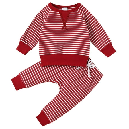 

Fsqjgq Baby Summer Clothes Kids Baby Boys Girls Striped Patchwork Long Sleeve Blouse Tops Cotton Elastic Waist Pants Trousers Sleepwear Pajamas Outfit Set 2Pcs Clothes Hoodies Baby Boys Cotton Red 18M