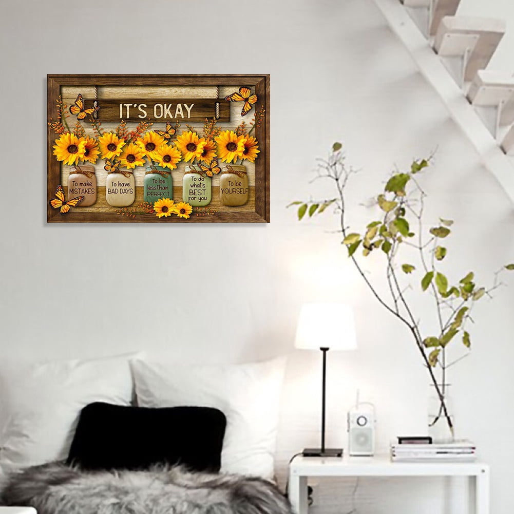 Sunflower Wall Art It's Okay Inspirational Quotes Canvas Print Wall Decor Sunflower Painting Picture Contemporary Artwork For Living Room Bedroom Bathroom Office Home Decor 12x18Inch (With Frame)