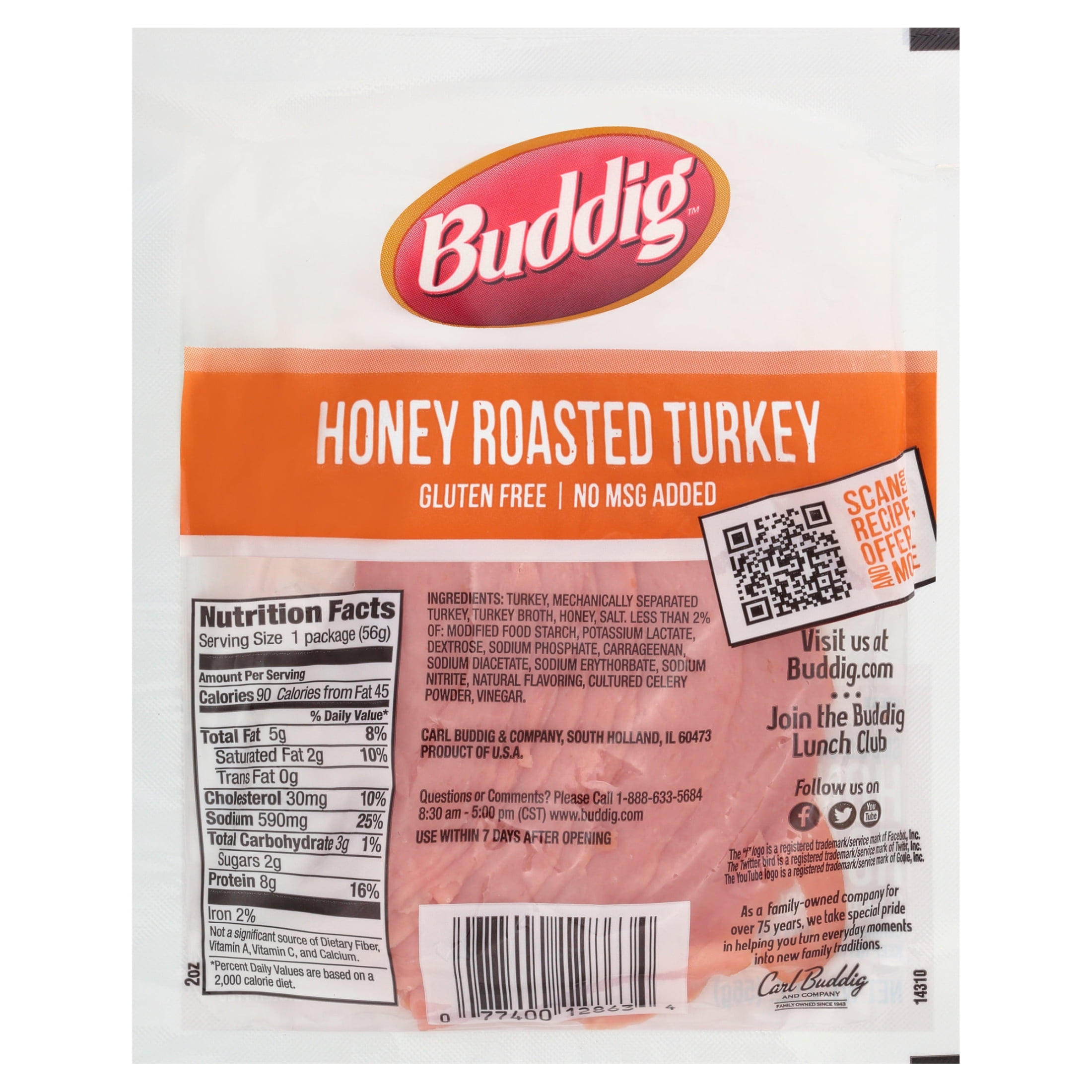 Carl Buddig Honey Roasted Turkey Lunchmeat, 2 oz Plastic Pouch  (56g), Refrigerated