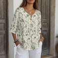 thumbnail image 3 of Xoenoiee Green Ferns Leaves Print Women's Vintage Linen Tops 3/4 Sleeve Boho Summer Graphic Tees Tunic Shirts Casual Loose Button Blouses, Size S, 3 of 7