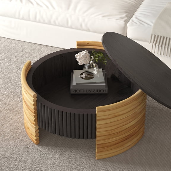 31.5" Modern Colorblocked Striped Coffee Table with Flip Top, Wooden Circle Accent Center Table for Living Room, Apartment,  Office, Dark Brown