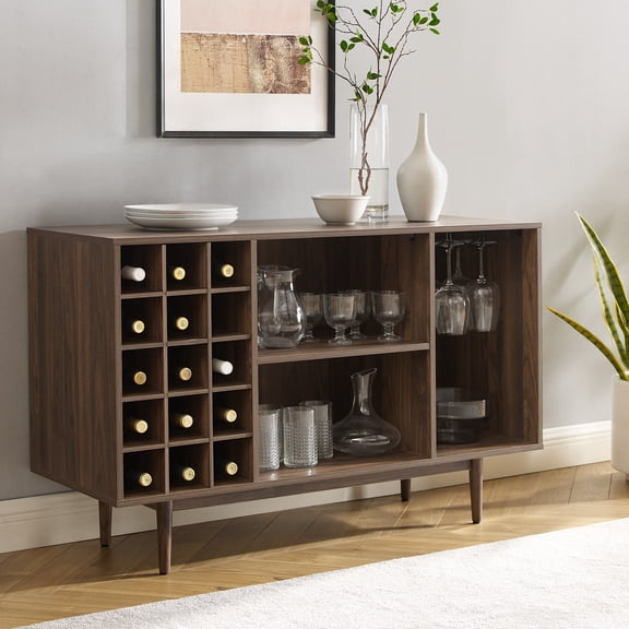 HomeStock Classic Comfort Wine Storage Sideboard - Walnut, 18"D x 47.75"W x 30.25"H, Three open storage cabinets, Mid-Century Design, Modern Sideboard w/ Wine Storage, Bar Cabinet/Sideboard