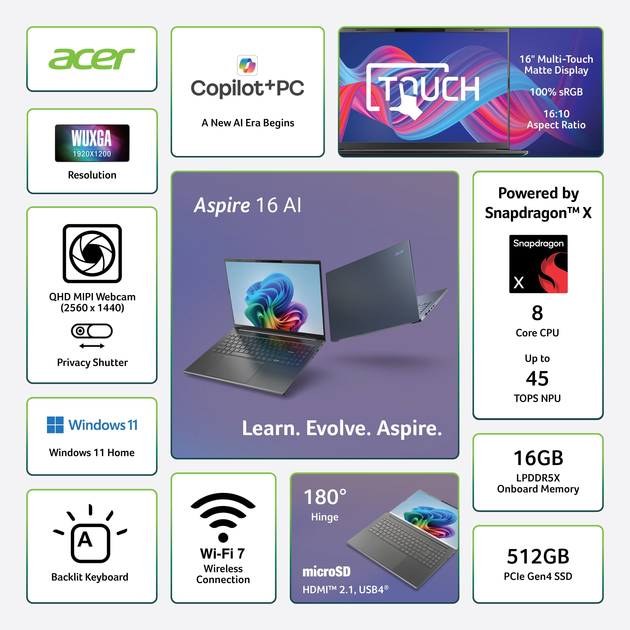 Acer Aspire 16 AI A16-11MT-X8A9 Copilot+ PC, 16" WUXGA (1920 x 1200) 120Hz IPS Touch Screen, Snapdragon X, 16GB RAM, 512GB SSD, Steel Gray
