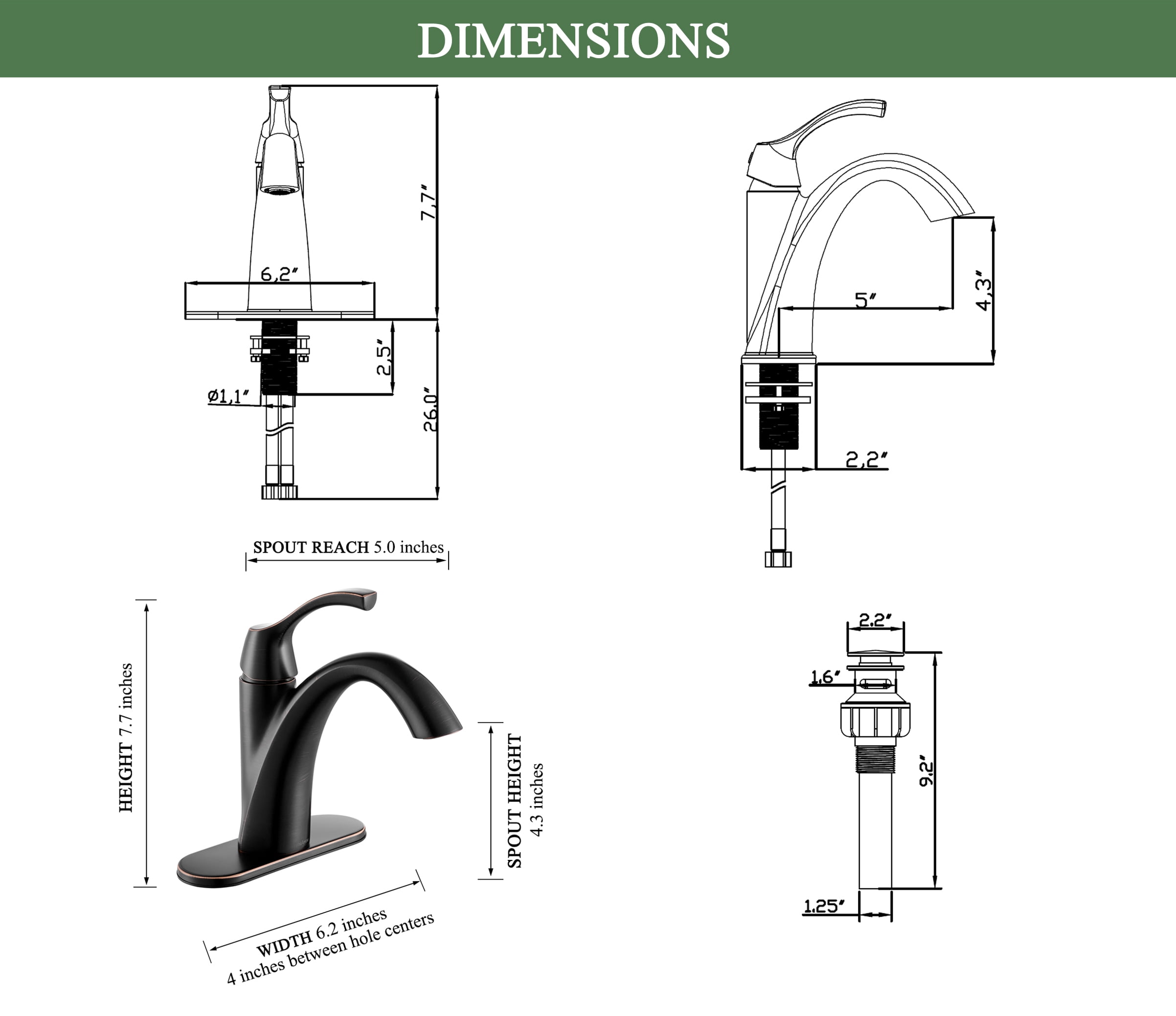 TimeArrow Bathroom Sink Faucet Oil Rubbed Bronze, Single Handle Bathroom Faucet for 1 Hole with 3 Holes Deck Plate, Lavatory Vanity Faucet, Pop Up Drain and Water Supply Lines Included, TAF206-ORB