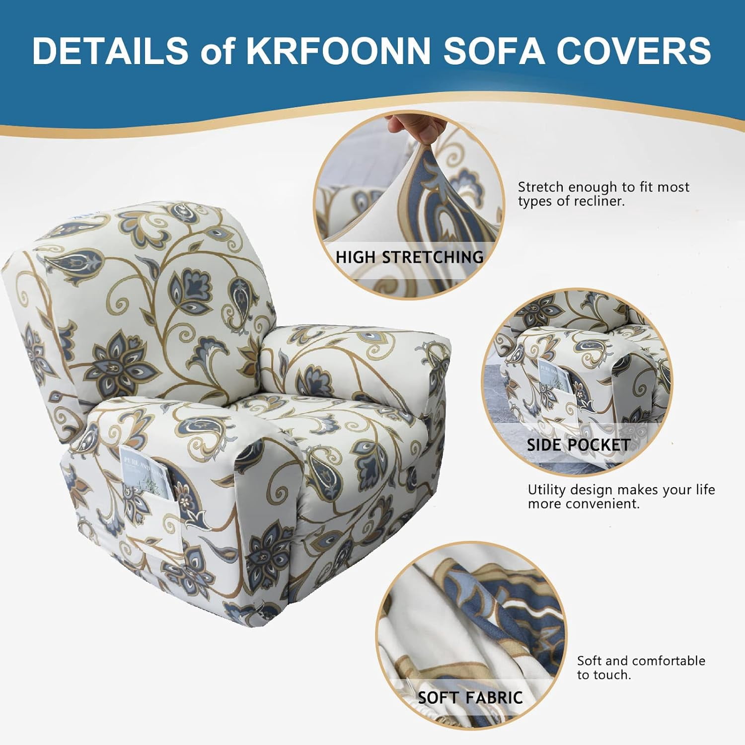 CHUNTIAN Stretch Recliner Slipcovers Printed Sofa Cover 4-Piece Fallon Collection Slipcover Lazy Boy Chair Covers Furniture Protector Recliner Chair Cover with Storage Pocket for Living Room, A2