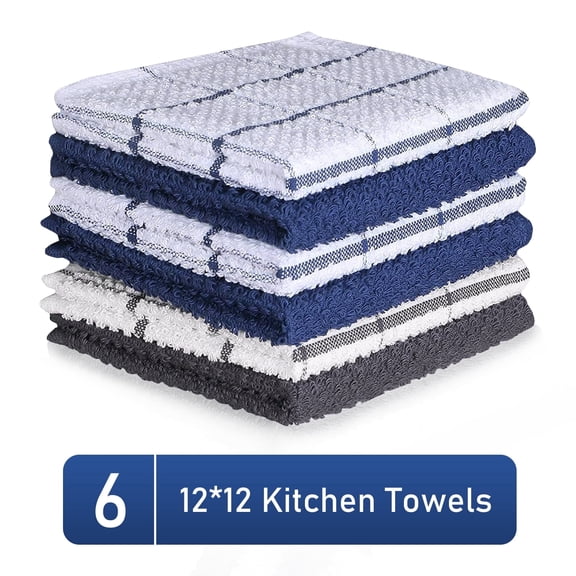 Efoee Kitchen Towels, 100% Cotton Kitchen Washcloths,12"x 12",Absorbent,Set of 6,Blue&Gray