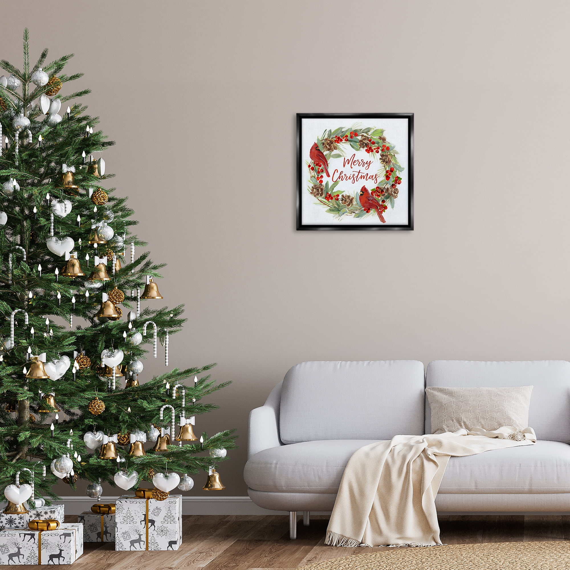 Stupell Industries Cardinals & Merry Christmas Holiday Painting Black Floater Framed Canvas Art Prints Wall Art, 25 x 25