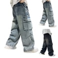 thumbnail image 7 of UACY Boy's Girls Cargo Jeans Baggy Denim Pants Elastic Waist Straight Wide Leg Jeans Streetwear with Pockets ﻿ (Dark Blue, 13-14 Years), 7 of 7