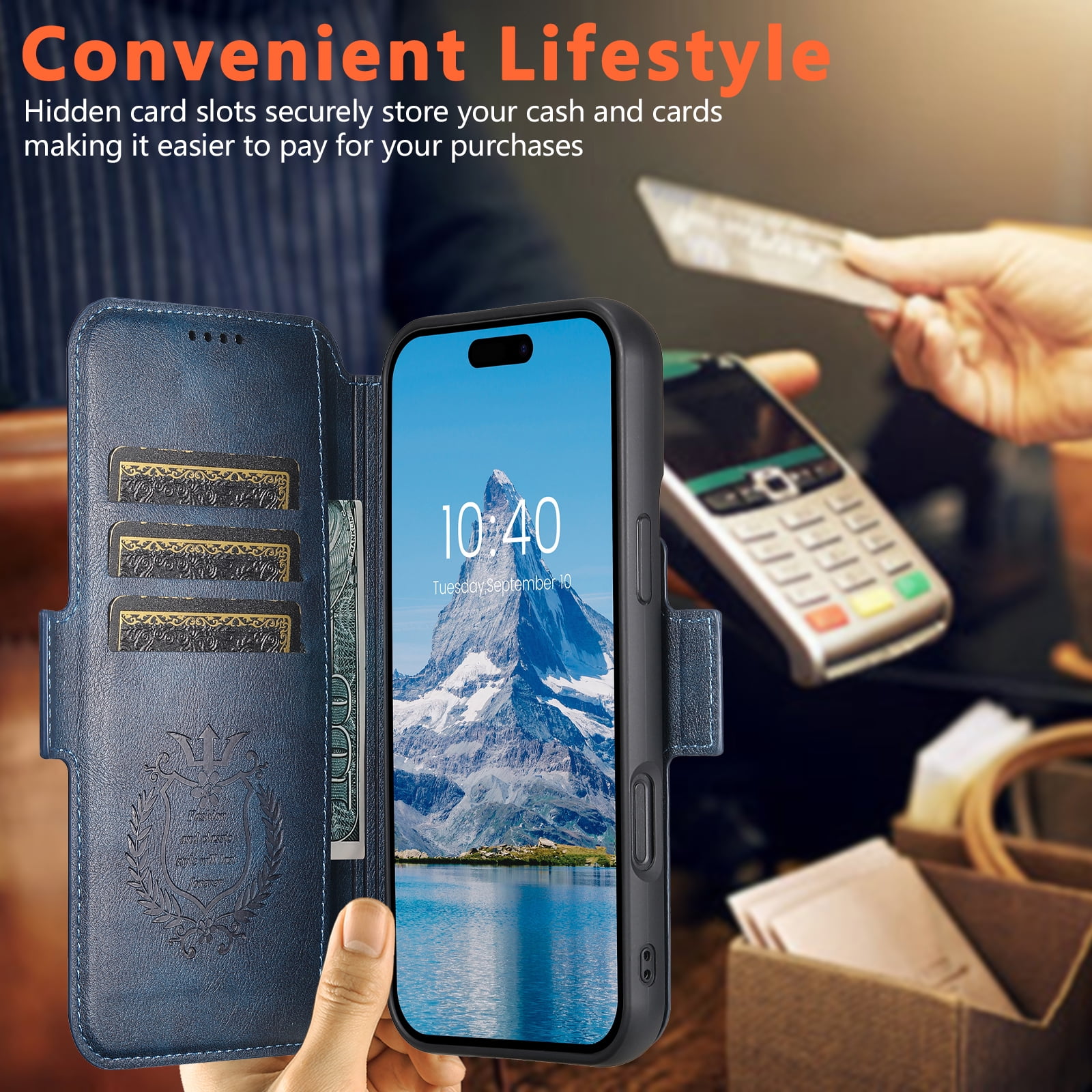 PU Leather for iPhone 17 Pro Max Case, 2 in 1 Detachable Wallet Case with Card Holder, Removable Flip Stand Folio Cover with RFID Blocking Phone Cover [Compatible with MagSafe],Blue