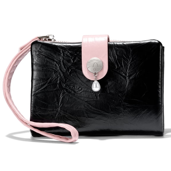 Punplita Bifold Wallets for Women PU Leather Pearl Drop Charm Black Wallet