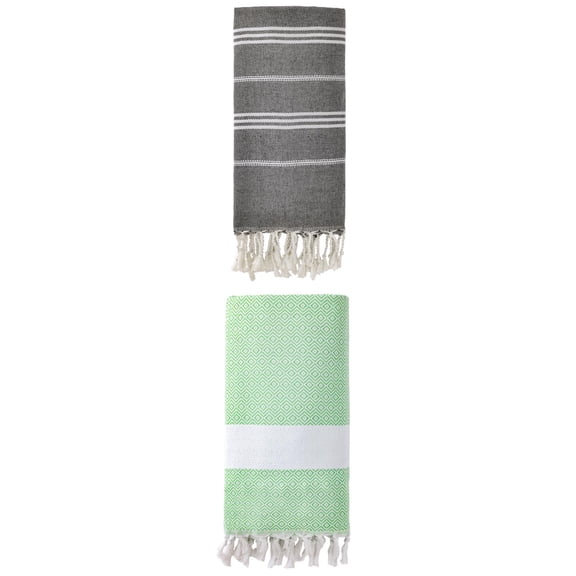 Unique Bargains 2Pcs Sand Repellent Beach Towel Striped Black Green 71" x 35"/71" x 40"