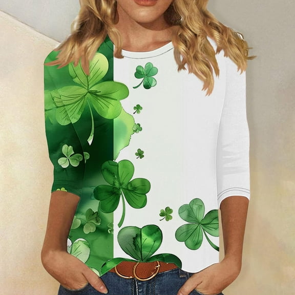 HaoXianJian Patricks Day Shirts for Women Crew-Neck 2025 Causal 3/4 Sleeve Irish Shamrock Graphic T-shirt Green Saint Patty's Tunic Tops Plus Size 4X 5X