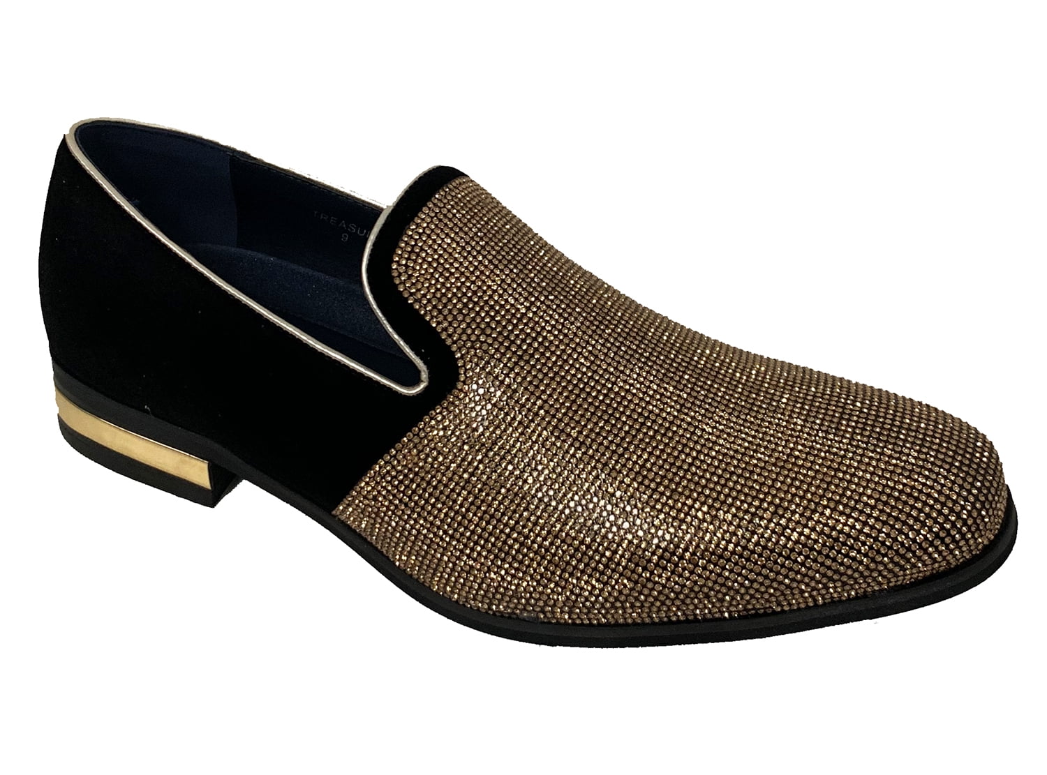 Men's handmade elegant round toe loafers in black velvet with golden d