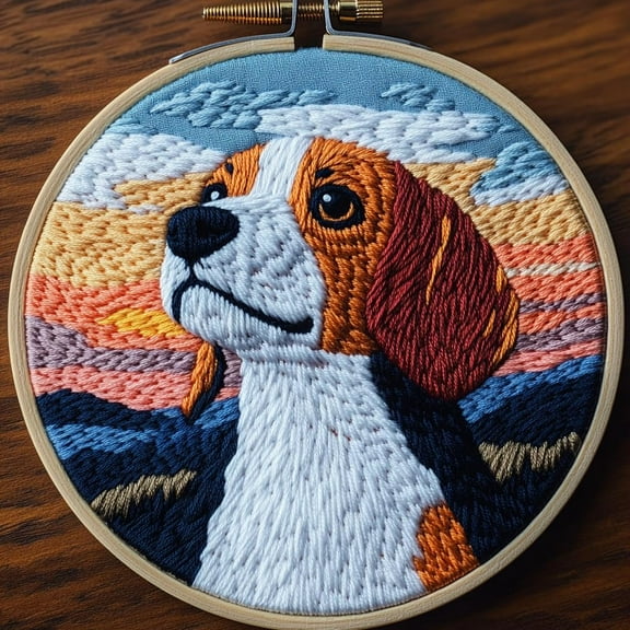DIY Punch Needle Kits for Beginners Beagle Dog under Sunset with Hoop Embroidery Punch Needle Starter Set Easy for Adults and Kids Festival Gift and Decor 20x20cm-1