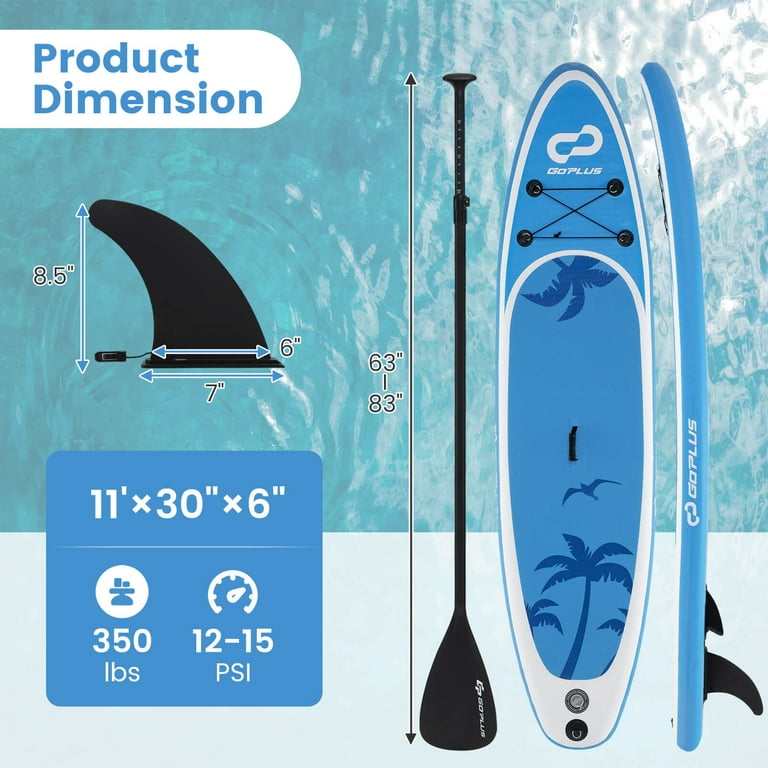 GOPLUS Paddle Board Gonflable 335x76x15cm – 130kg, Pompe, Pagaie Réglable, Sac, Motif Palmier Bleu