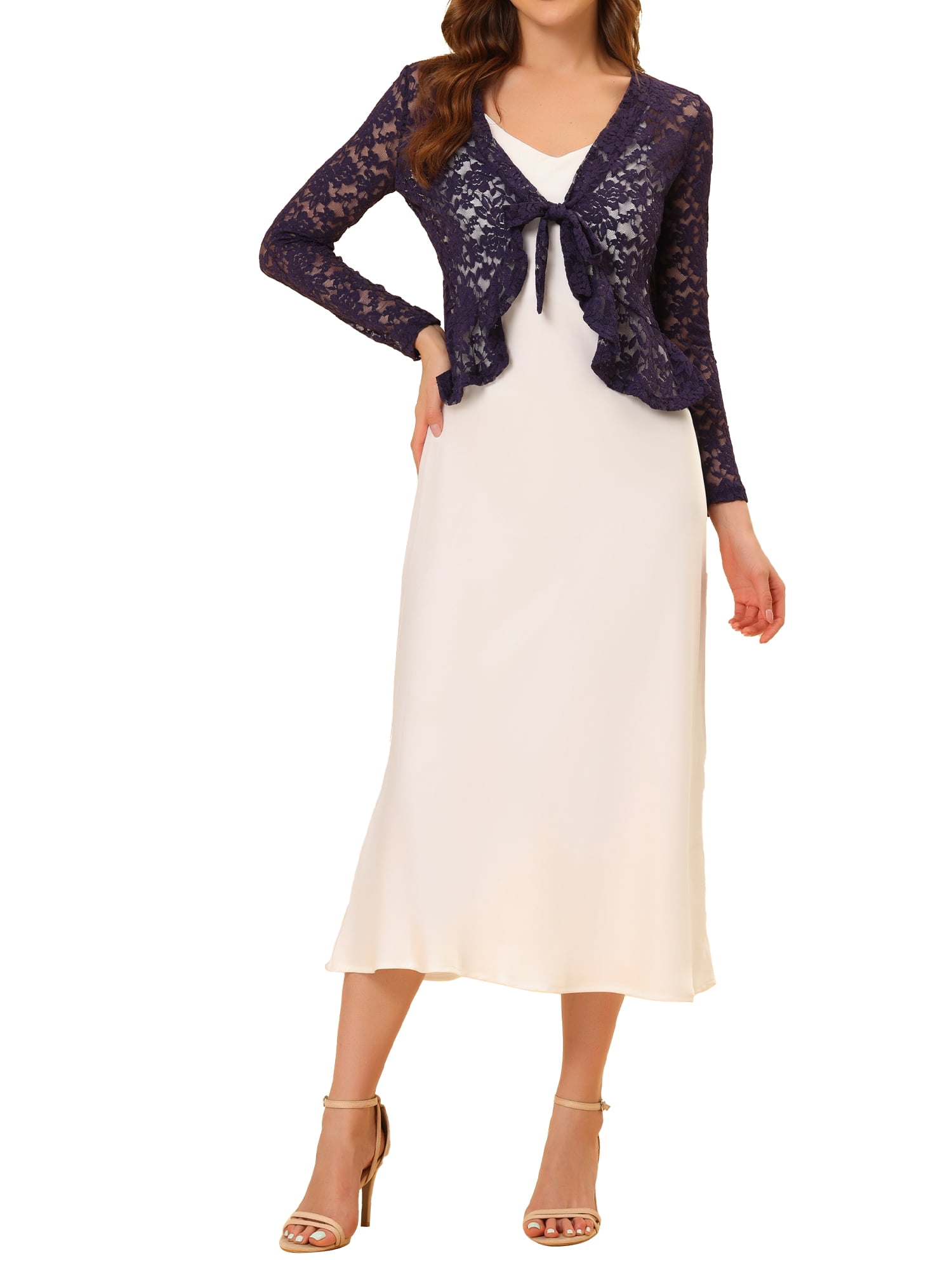 DARING DIVA Women's Ruffled Hem Floral Lace Crop Shrug Cardigan L Purple