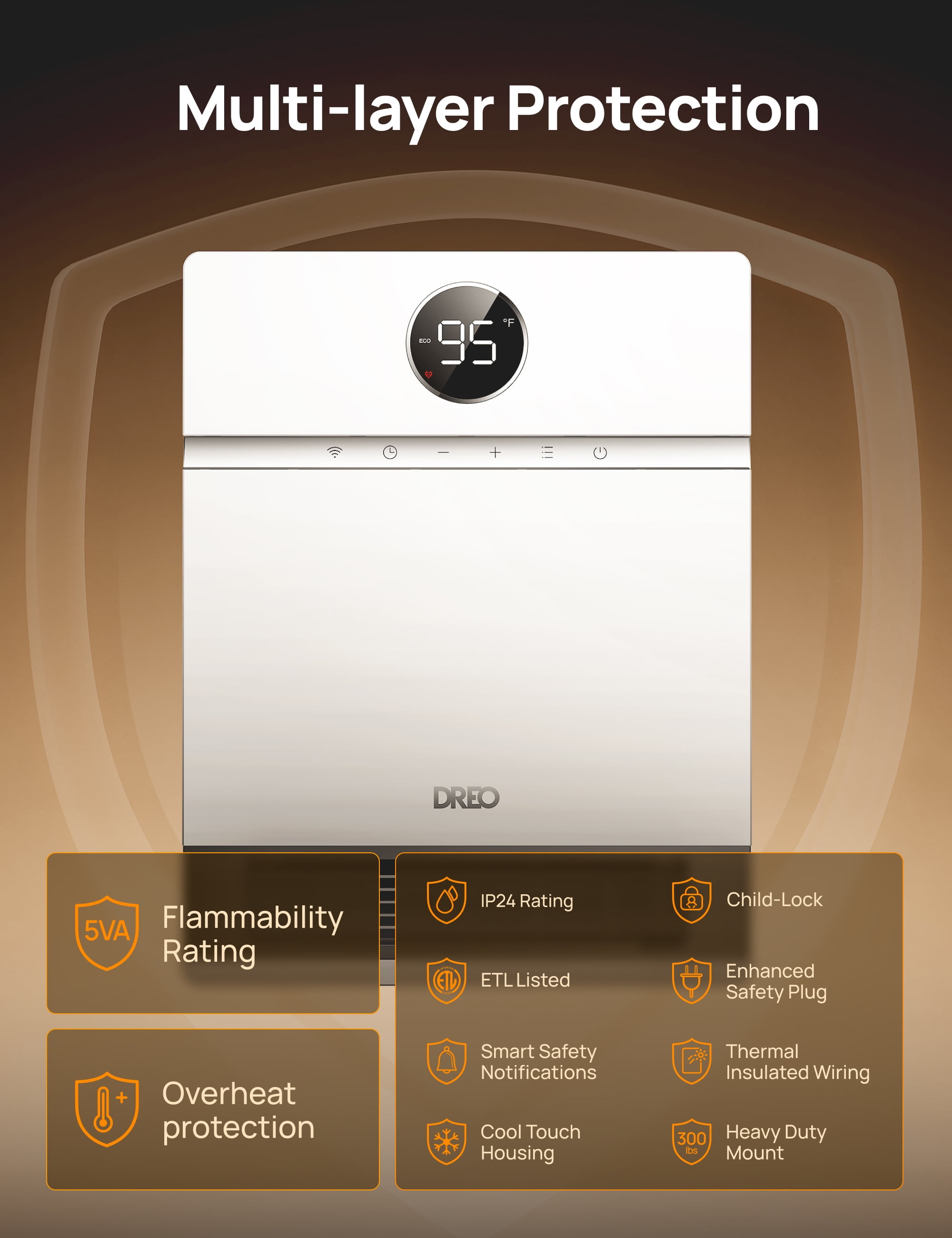 DREO Smart Wall Heater, IP24 Electric PTC Space for Indoor Use, 30 Oscillation, Adjustable Thermostat, Remote Control, Works with Alexa, 24H Timer, Easy-Mounted for Bedroom, Office