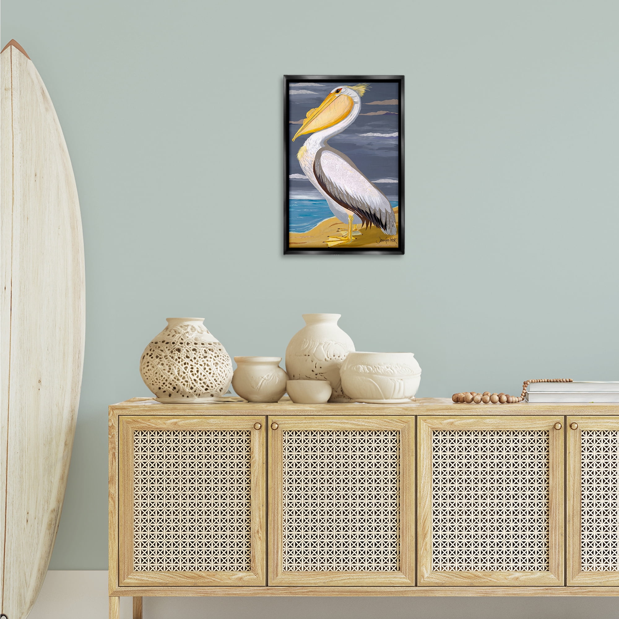 Stupell Industries White Pelican on Shore Animals & Insects Painting Black Floater Framed Canvas Art Print Wall Art, 17 x 25
