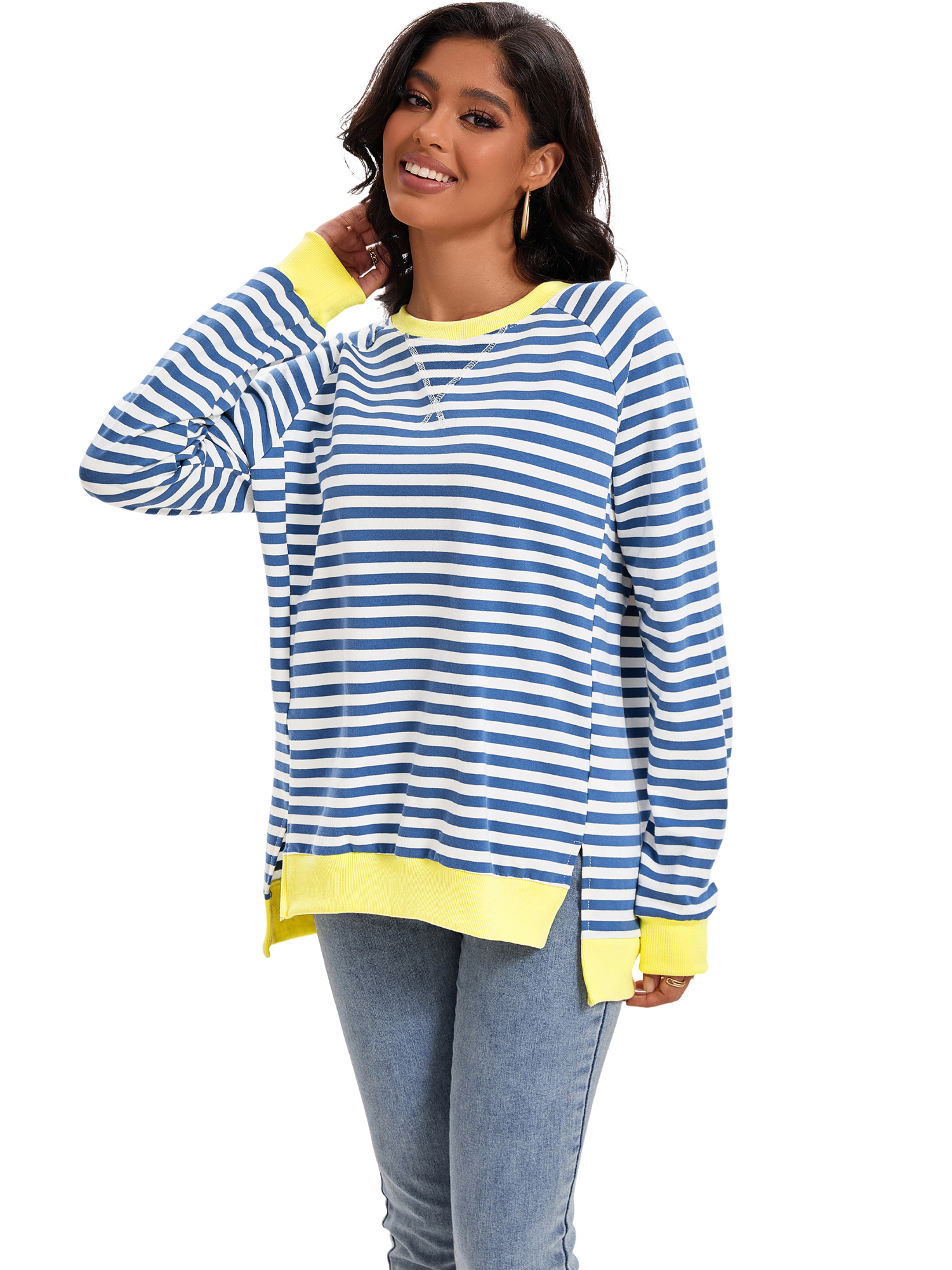 Unique Bargains Women's Striped Oversized Crewneck Pullover Tops XL Blue White