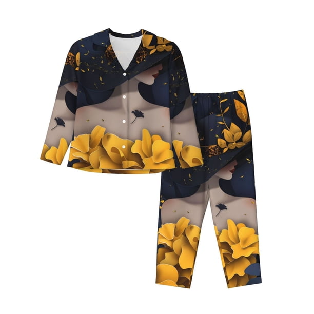 Fotbe Elegant Lady With Hat Conjunto de Pijama de Manga Larga para Mujer con Estampado, Ropa de Dormir de 2 Piezas, Conjunto de Casa Suave y Cómodo con Bolsillos-Medium