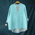 thumbnail image 2 of ManxiVoo Trendy Womens Long Sleeve Linen Shirt with V Neck and Pockets Breathable Comfort Casual Blouse L Size Light Blue, 2 of 4