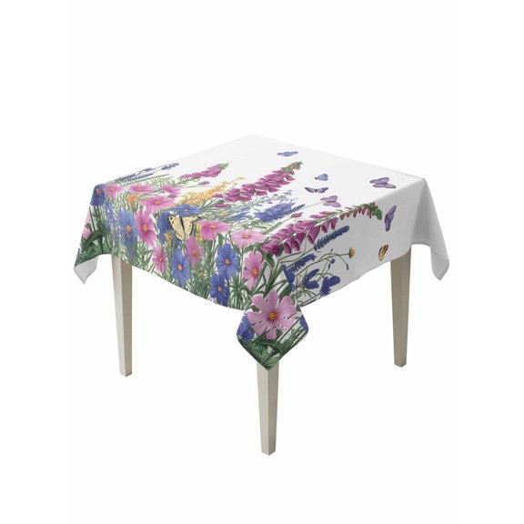 Watercolor Wildflowers Table Cloth, Waterproof Tablecloth for Square Tables, Country Botanical Florals Butterfly Reusable Washable Fabric Table Cover for Restaurant Kitchen Dining Tables 60"x60"