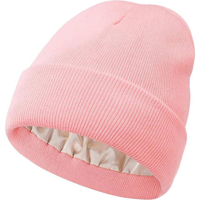 Gorro de punto con forro de satén para mujer, gorro de invierno para hombre, con forro de seda, suave, holgado y cálido, con puños (rosa)