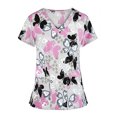 thumbnail image 1 of HIMONE Loose Short Sleeve Scrub Top for Women Ladies Butterfly Floral Print Blouse Casual Pockets Workwear T Shirt, 1 of 3