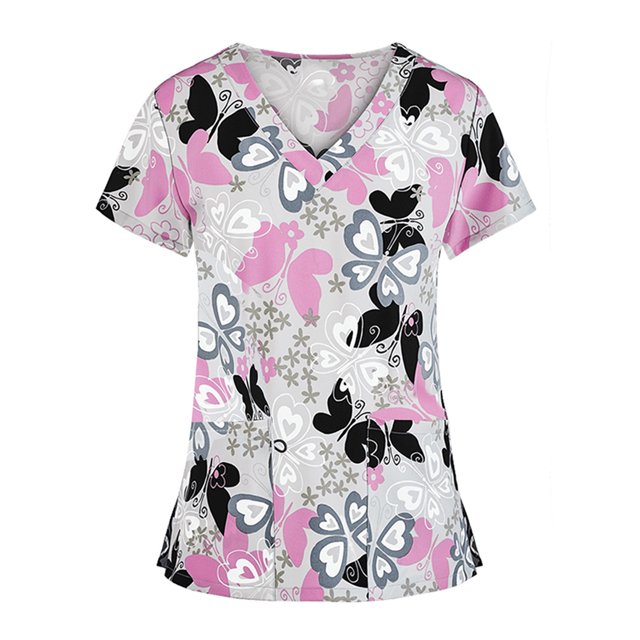 HIMONE Loose Short Sleeve Scrub Top for Women Ladies Butterfly Floral Print Blouse Casual Pockets Workwear T Shirt