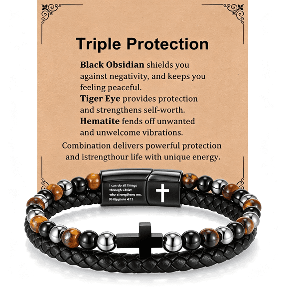DESIGNICE Cross Bracelet Gifts for Men Him-Triple Protection Healing Hematite Black Obsidian Tiger Eye Beaded Rosary Bracelets,Faith Religious Catholic Christian Communion Gift
