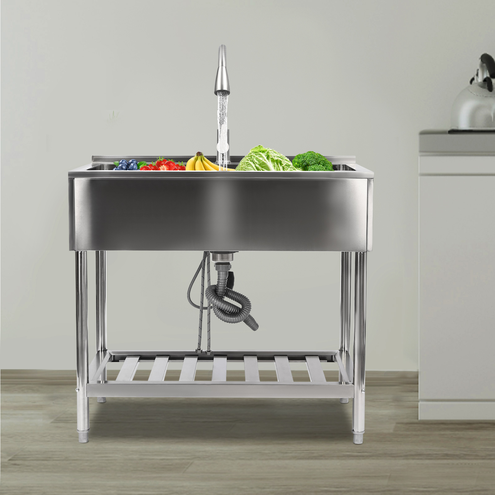 Miumaeov Utility Sink Freestanding Single Bowl Kitchen Sink Stainless Steel Sink with with Hot and Cold Dual Tap Freestanding