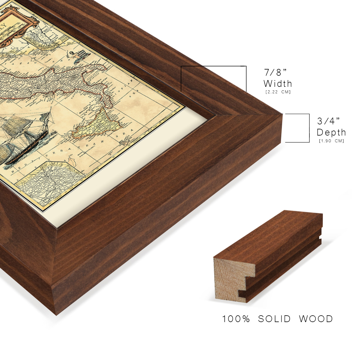 Italy Map -Framed Print w/glass-Chestnut