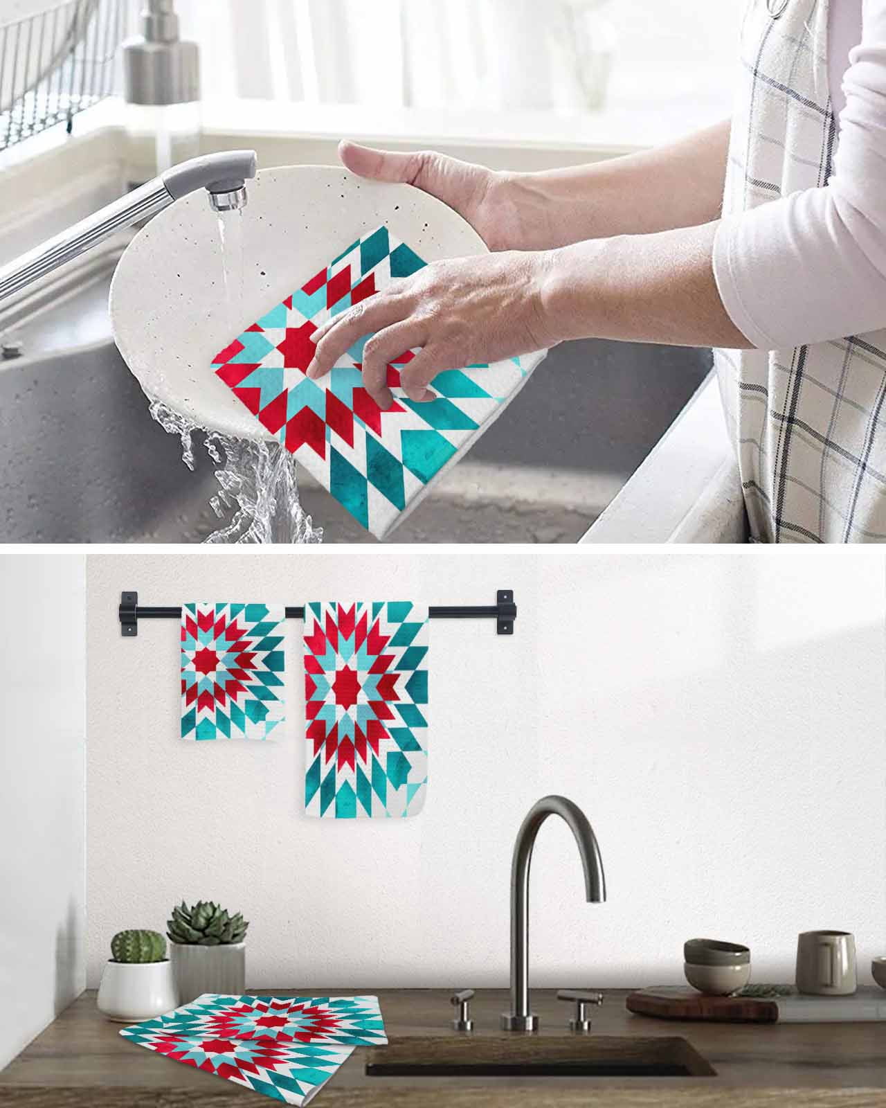 Red Turquoise Boho Kitchen Dish Towels for Drying Dishes Set of 2, Ethnic Tribal Aztec Abstract Geometric Waffle Weave Microfiber Terry Hand Tea Bathroom Towels Quick Dry & Absorbent Towel 15.7x23.6
