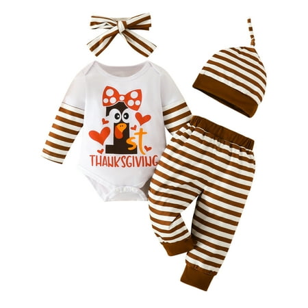 

jaweiwi Baby Toddler 4 Piece Thanksgiving Outfits 0 3M 6M 9M 12M 18M Letter Stripe Print Long Sleeve Rompers and Pants Beanie Hat Headband Clothes Set