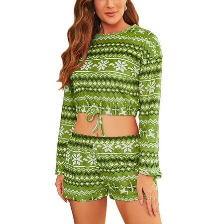 

Grianklook Women Fleece Pajama Set Sleepwear Lounge Set Christmas Pullover Tops and Shorts