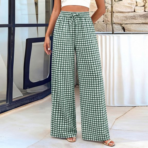 Stralyhd Wide Legs Pants Woman Plaid Casual Cotton Linen Palazzo Pants Vacation Elastic Waist Long Lounge Trousers with Pockets Dark Green XL