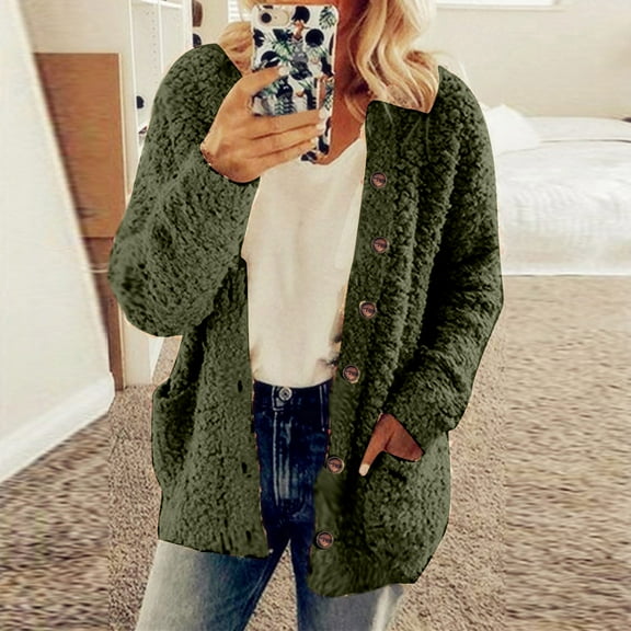 gbyLJF Womens Fuzzy Fleece Jacket Oversized Button Down Sherpa Cardigan Coat Shaggy Fluffy Outerwear with Pockets Army Green L