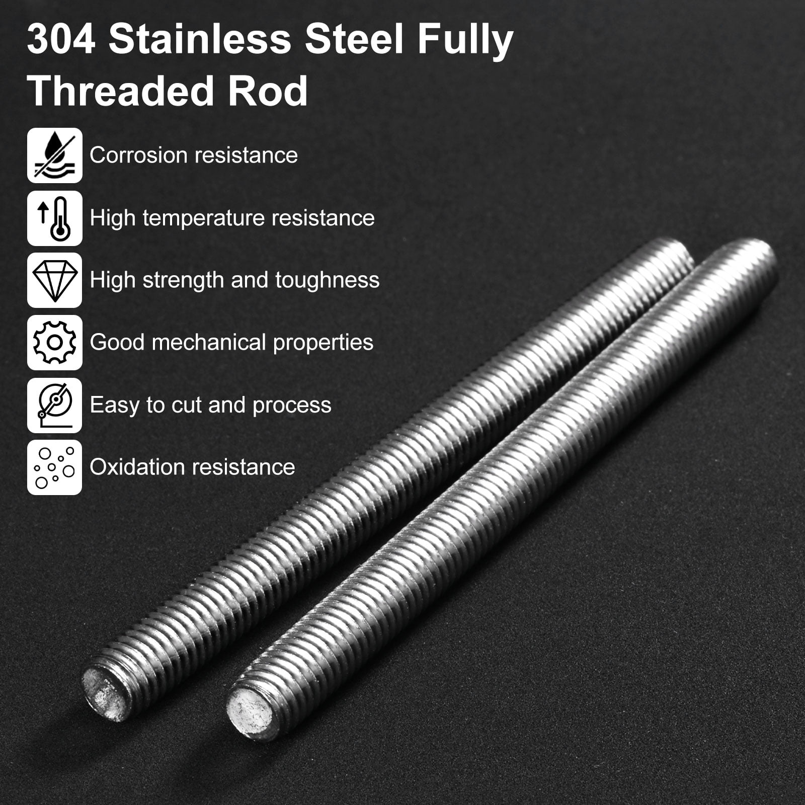 Uxcell 4-Pack Fully Threaded Rod, M8x300mm 304 Stainless Steel Right Hand Thread Bar Studs